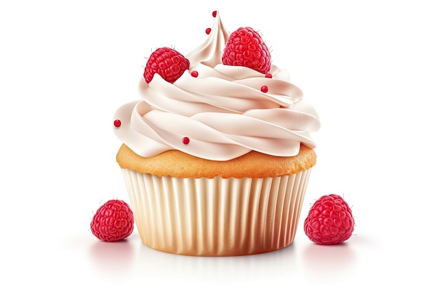 Isolierter Cupcake mit Buttercreme und Himbeere auf weißem Hintergrund