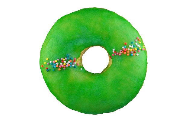 Isolierter Donut mit grüner Glasur. auf den Stapel geschossen. Durch Stapeln fotografiert.
