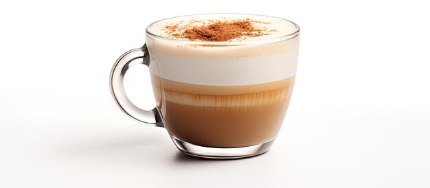 Isolierter doppelwandiger Glasbecher mit Cappuccino auf weißem Hintergrund