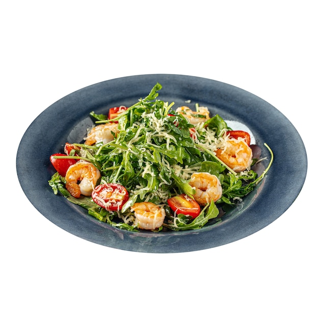 Isolierter Garnelen-Rucola-Salat mit Tomaten to