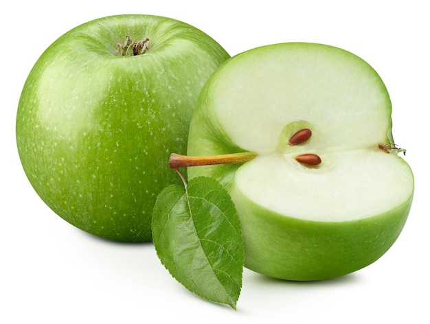 Isolierter grüner Apfel Frischer Bio-Apfel mit Blättern, isolierter Beschneidungspfad Apple-Makro-Studiofoto