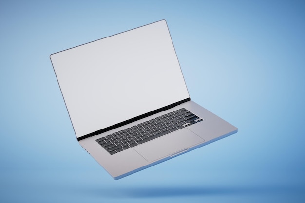 Isolierter Laptop mit leerem Raum auf blauem Hintergrund 3D-Render