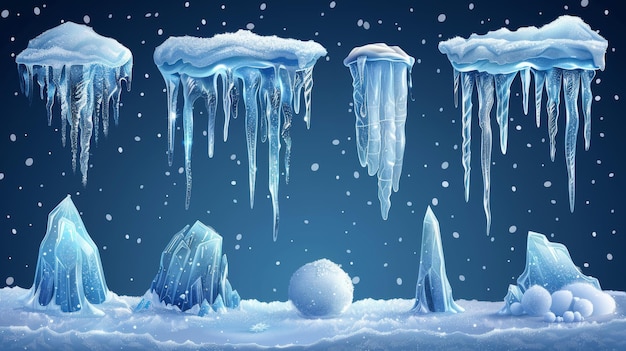 Isolierter moderner Satz von Schneekappen, Eiskissen, Schneeballen und Schneeschnellen für Winterdekorationen
