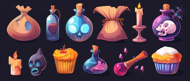 Isolierter Satz von magischen Spiel-Assets mit schwarzem Hintergrund Alter Sack Vogel Schädel Giftflasche Spiegel Portal Kerzen Muffin mit gruseligem Augenkugel Halloween Design Elemente enthalten