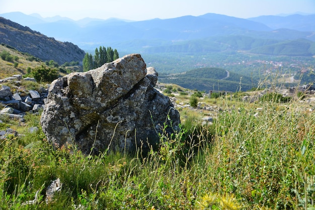 isolierter Stein auf der Wiese in den Bergen, Nahaufnahme