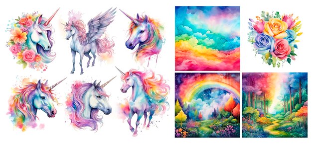 Foto isolierter süßer aquarell-einhorn-clipart nursery-einhörner-illustration prinzessin-einhörtner-poster trendiges rosa zeichentrickpferd