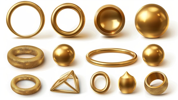 Isoliertes abstraktes geometrisches Gold 3D-Form modernes Objekt realistischer goldener Torus und Ringelement auf weißem Hintergrund Kreatives Geometrie-Figuren-Ikon Minimaler Halbkugel- und Rohrsatz