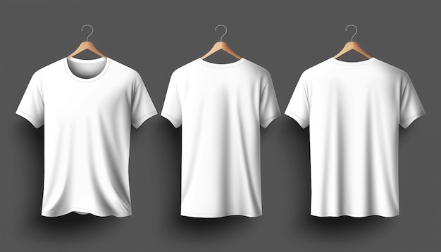 isoliertes drei weißes T-Shirt mit Aufhänger Mockup Vorderansicht Unisex-T-Shirt auf grauem Hintergrund