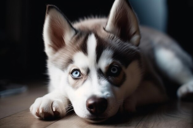 Foto isoliertes porträt eines kleinen siberian husky-welpen mit blauen augen, der auf dem boden liegt. lustiger kleiner hund mit geöffnetem maul, der sich entspannt ausruht und den getragenen hund wegschaut