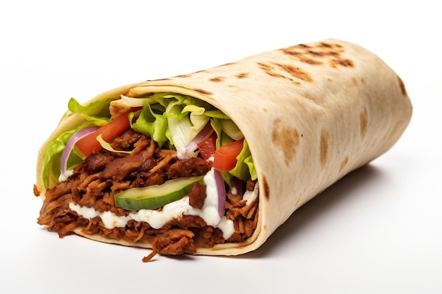 Isoliertes Shawarma-Sandwich, weißer Hintergrund, generative KI