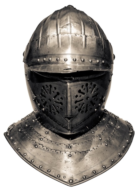 Isolierung Eines Mittelalterlichen Helmvisiers Und Eines Halskragens Aus Einer Rüstung Auf Weißem Hintergrund