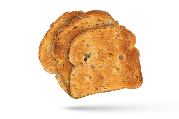Isolierung von drei Scheiben geröstetem Brot für Design oder Projekt Geröstetes goldenes Vollkornbrot aus einem Toaster, isoliert auf weißem Hintergrund Das Konzept des Diätnahrungs oder leichten Frühstücks