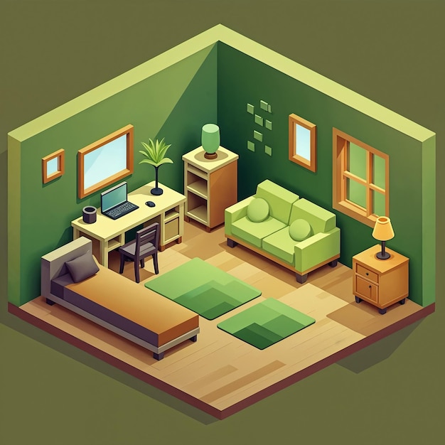 Isometric 3D Cartoon Bedroom with Desk, Sofa, and Bed