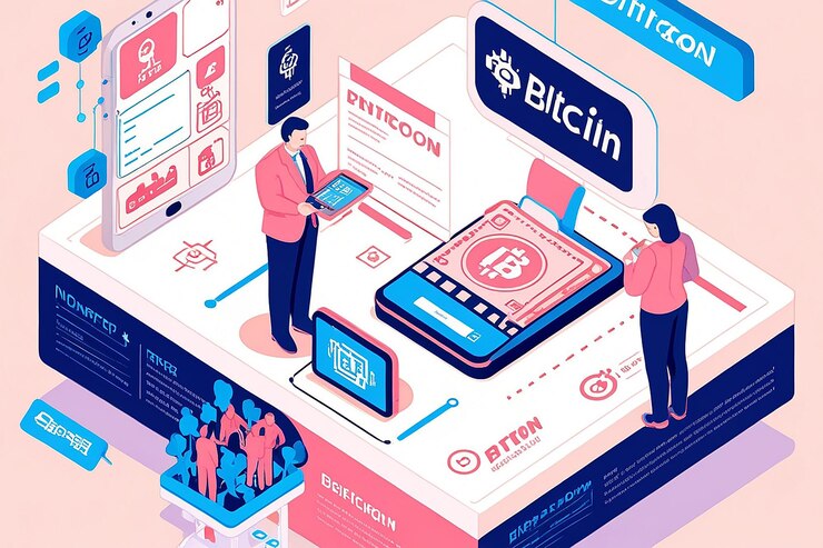 Foto isometric business utiliza el código qr para hacer pagos en bitcoin