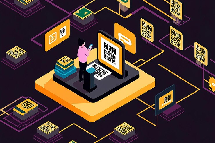 Foto isometric business utiliza el código qr para hacer pagos en bitcoin