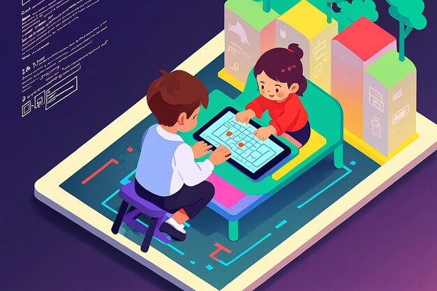Isometric Kids codifica y programa en una tableta digital