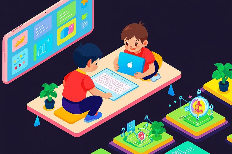 Foto isometric kids codifica y programa en una tableta digital