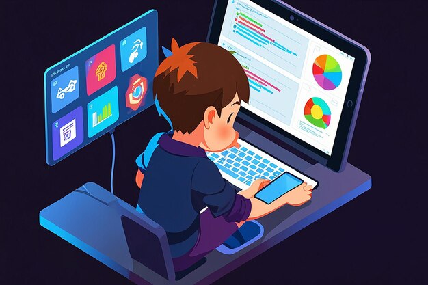 Isometric Kids codifica y programa en una tableta digital