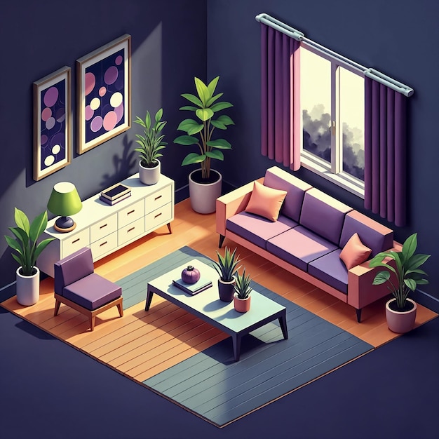 Isometric Living Room with Modern Furniture and Plants