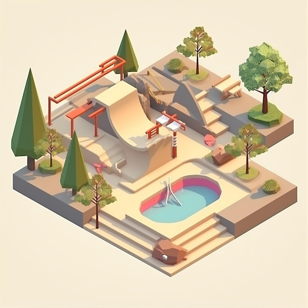 Isometric low poly backyard skatepark cheio de rampas de bolas e pontos de moagem