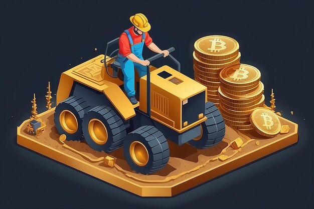 Isometric Miner gräbt auf goldenen Bitcoin Geräte und Technologie für den Abbau von Kryptowährungen