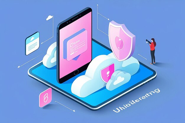 Isometric Web Banner Shield protege la transferencia de datos desde el teléfono inteligente a la nube Protección de datos en la nube y concepto de computación en la nube