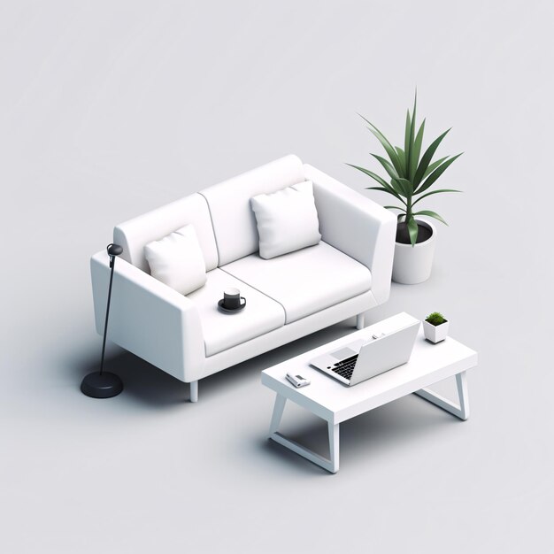 isométrica de um local de trabalho mínimo com um sofá de cadeira de secretária de ambiente branco IA generativa