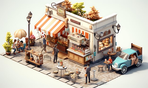 Foto isométrica del parquet escena callejera acogedora churro carrito de helados comida callejera ideas de concepto de arte en 3d