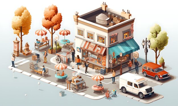Foto isométrica del parquet escena callejera acogedora churro carrito de helados comida callejera ideas de concepto de arte en 3d