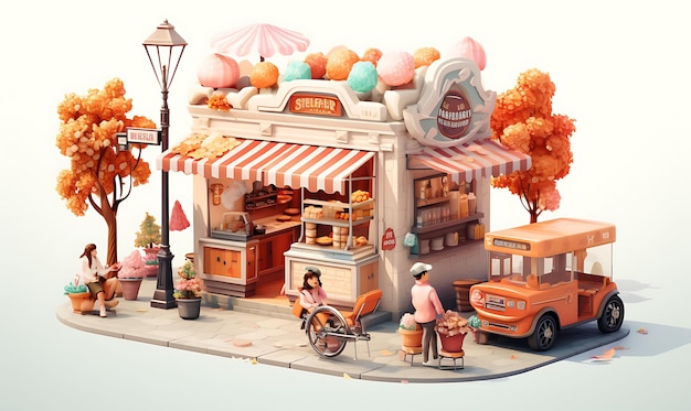 Foto isométrica del parquet escena callejera acogedora churro carrito de helados comida callejera ideas de concepto de arte en 3d