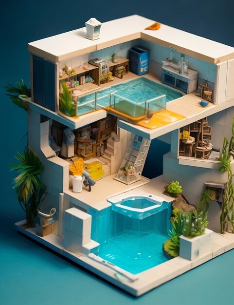 isométrica uma casa com piscina no fundo