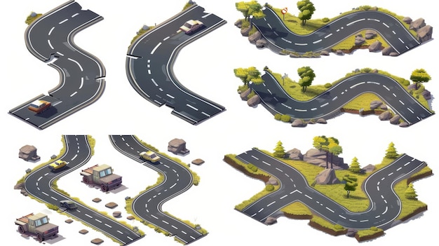 Isométrico carretera de automóviles carretera y elementos de mapa de calles Conjunto de baldosas de terreno de juego moderno con texturas de caminos de asfalto Segmentos de carreteras de cruce y cruce aislados en blanco