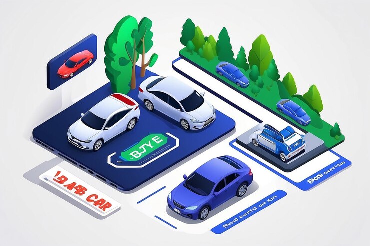 Foto isométrico comprar un coche o alquilar un coche en línea diseño web banner coches usados aplicación ilustración vectorial