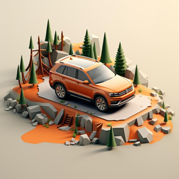 Isométrico Volkswagen Tiguan em ilustração de floresta inspirada em design gráfico