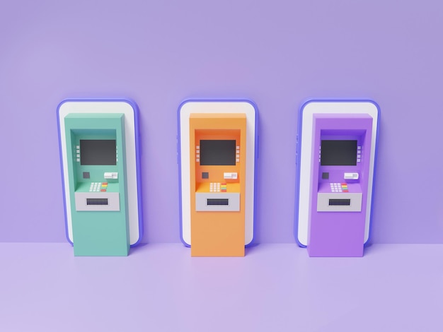 Isometrische 3D-Netzwerkanwendung Internet-Banking drei Geldautomaten mit Einzahlungsautomaten grün orange lila auf dem Handy Geldüberweisung finanzielle Online-Transaktion 3D-Darstellung