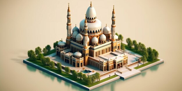 Isometrische Ansicht der wunderschönen, ruhigen Moschee bei Sonnenschein im gesegneten Monat Ramadan
