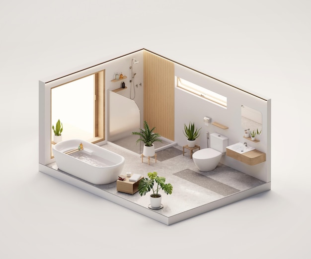 Isometrische Ansicht des Badezimmers mit offener Innenarchitektur, 3D-Rendering