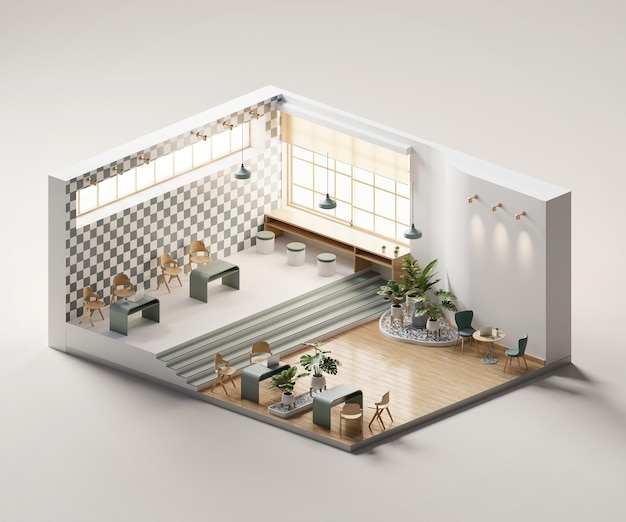 Isometrische Ansicht des Besprechungsraums mit offenem Arbeitsbereich in der Innenarchitektur, 3D-Darstellung digitaler Kunst
