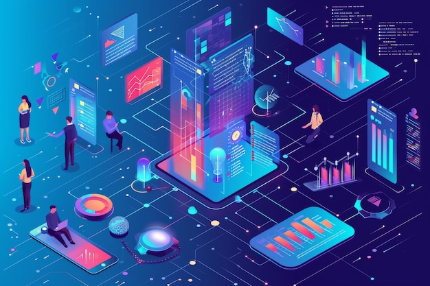 Isometrische Ansicht Digitales Marketing Datenanalyse Einblick Bericht Suchmaschine und Datenwissenschaft im sozialen Netzwerk KI generiert