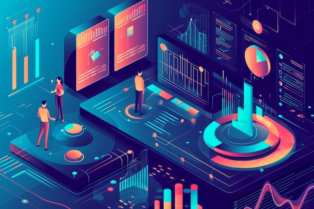 Isometrische Ansicht Digitales Marketing Datenanalyse Einblick Bericht Suchmaschine und Datenwissenschaft im sozialen Netzwerk KI generiert