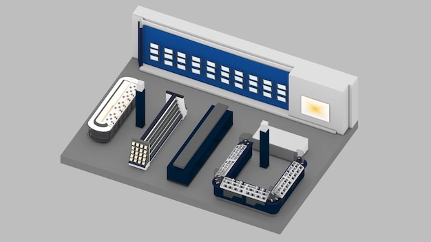 Isometrische Ansicht einer 3D-Darstellung eines Elektronikgeschäfts, mobiler Geschäfte, Einkaufszentren