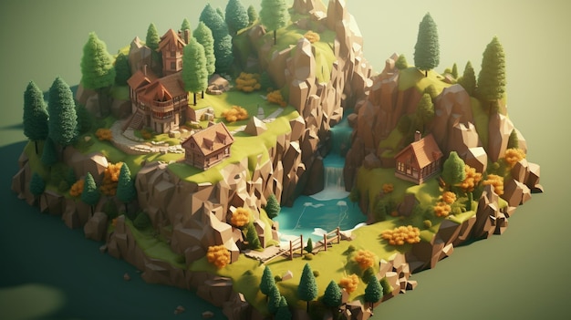 Isometrische Ansicht einer Low-Poly-Landschaft