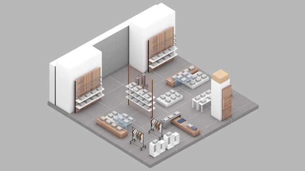 Isometrische Ansicht eines Bekleidungsgeschäft-Einkaufszentren 3D-Rendering