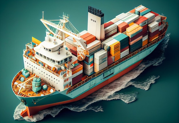 Isometrische Ansicht eines beladenen Containerfrachtschiffs und Geschwindigkeiten über den Meereswellen Generative KI-Illustration