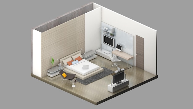 Foto isometrische ansicht eines wohnzimmerwohnbereichs 3d-rendering