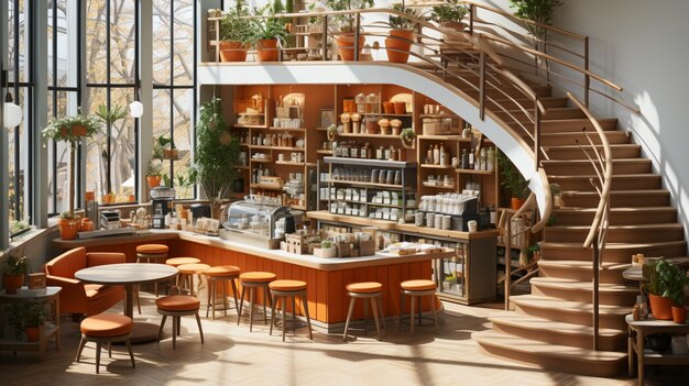 Isometrische Ansicht, minimaler Café-Laden, offen im Innendesign, 3D-Rendering