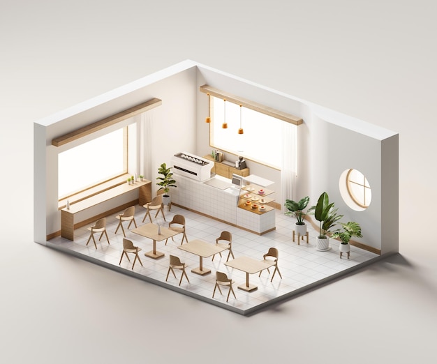 Isometrische Ansicht minimaler Café-Laden offen im Inneren der Innenarchitektur 3D-Rendering digitale Kunst