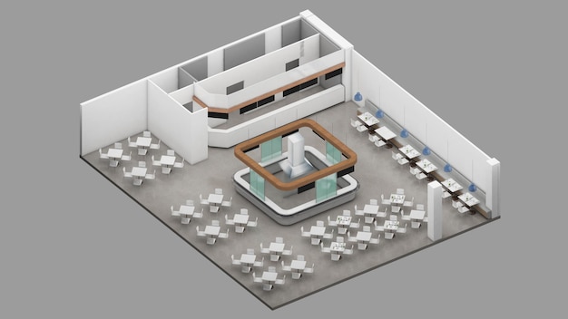 Isometrische Ansicht von Food-Court-Restaurants in Einkaufszentren 3D-Rendering