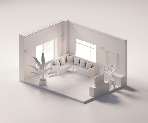 Isometrische Ansicht weißes Wohnzimmer offen Innenarchitektur 3D-Rendering digitale Kunst