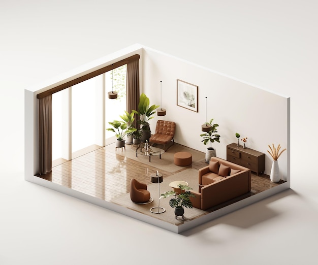 Isometrische Ansicht Wohnzimmer Muji-Stil offen im Inneren Innenarchitektur 3D-Rendering